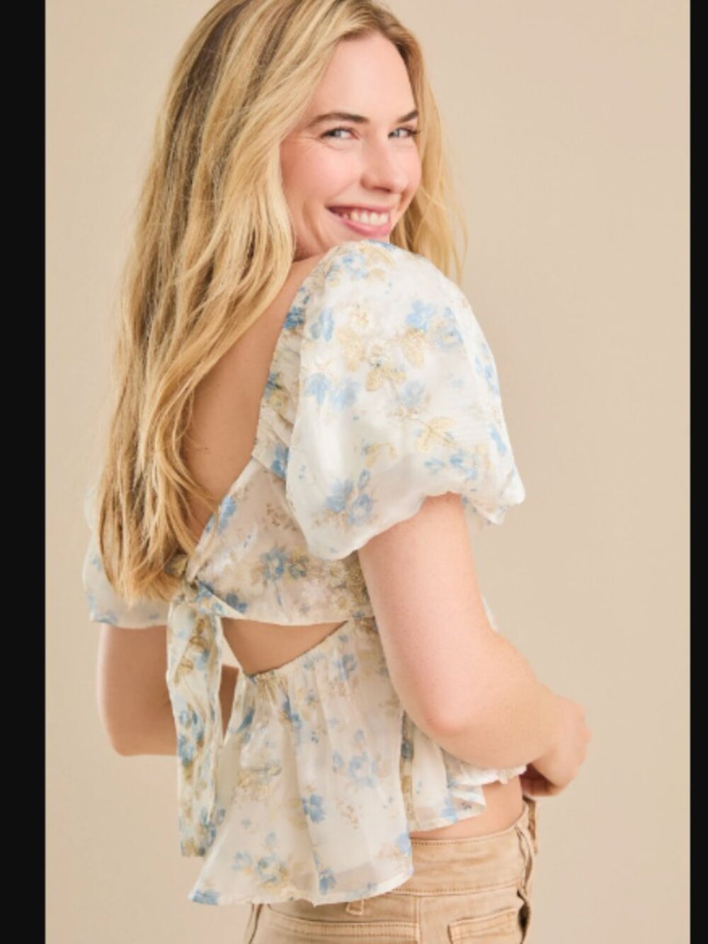 Altard State Puff Sleeve Floral Print Babydoll Top Cream Orange Organza Sm NWOT